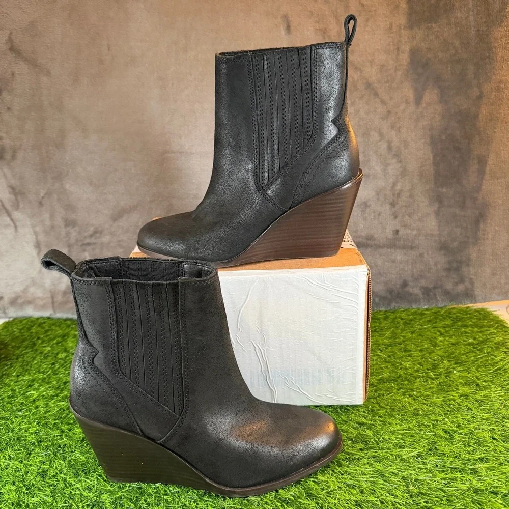Lucky Brand Wilano Wedge Booties Womens Size 7 Black Leather Elastic Gore